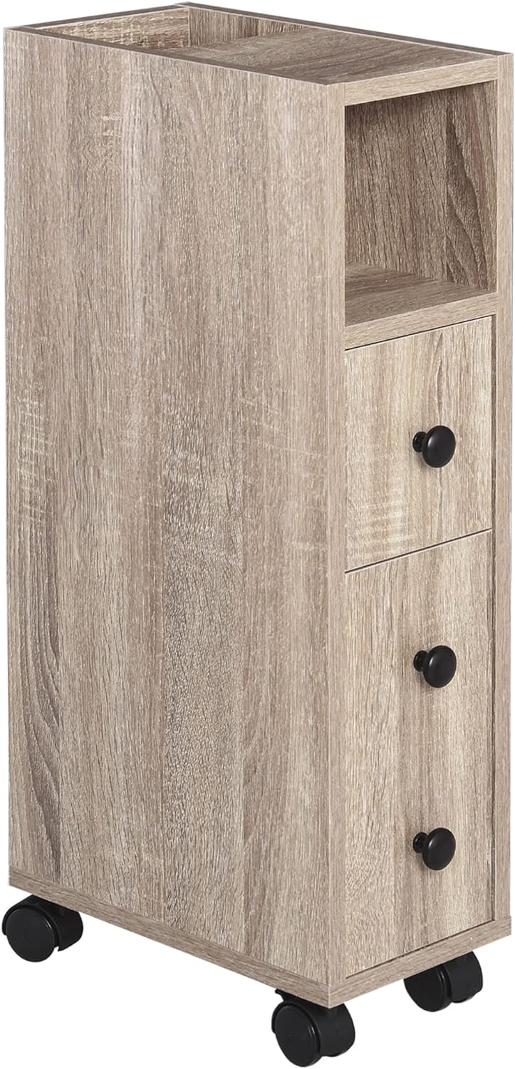 kleankin Freestanding Compact Design Bathroom Cabinet with 2 Open Cabinets, 1 Door Cabinet, 1 Drawer and 4 Rolling Wheels, Oak Grain Color