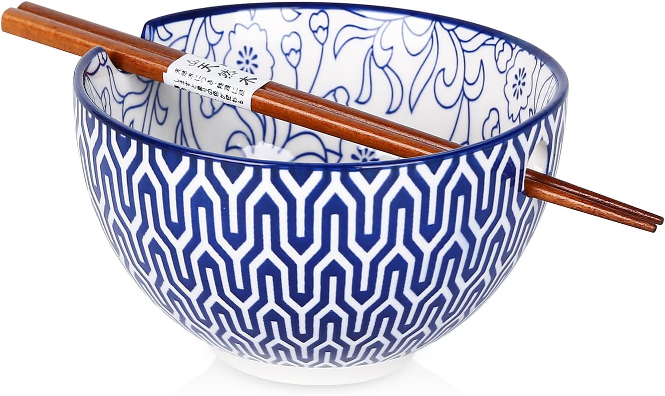 Selamica Ceramic Ramen Bowls, 15 OZ Noodle Bowls for Kitchen with Chopsticks, Deep Soup Bowls for Japanese Ramen Udon Soba, Microwave Dishwasher Safe, Gift, Vintage Blue B