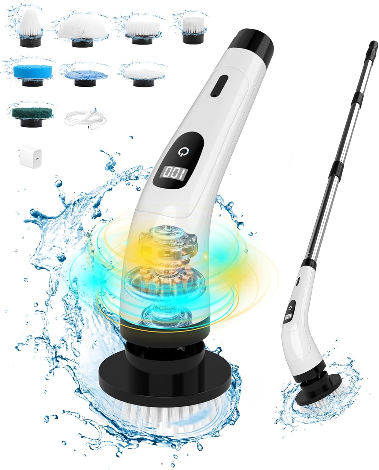 Electric Spin Scrubber,Shower Scrubber IPX7 Waterproof with 8 Replaceable Brush Heads and Adjustable Removable Extension Handle,3 Adjustable Speeds,Suitable for Bathtub Tile Floor (White)