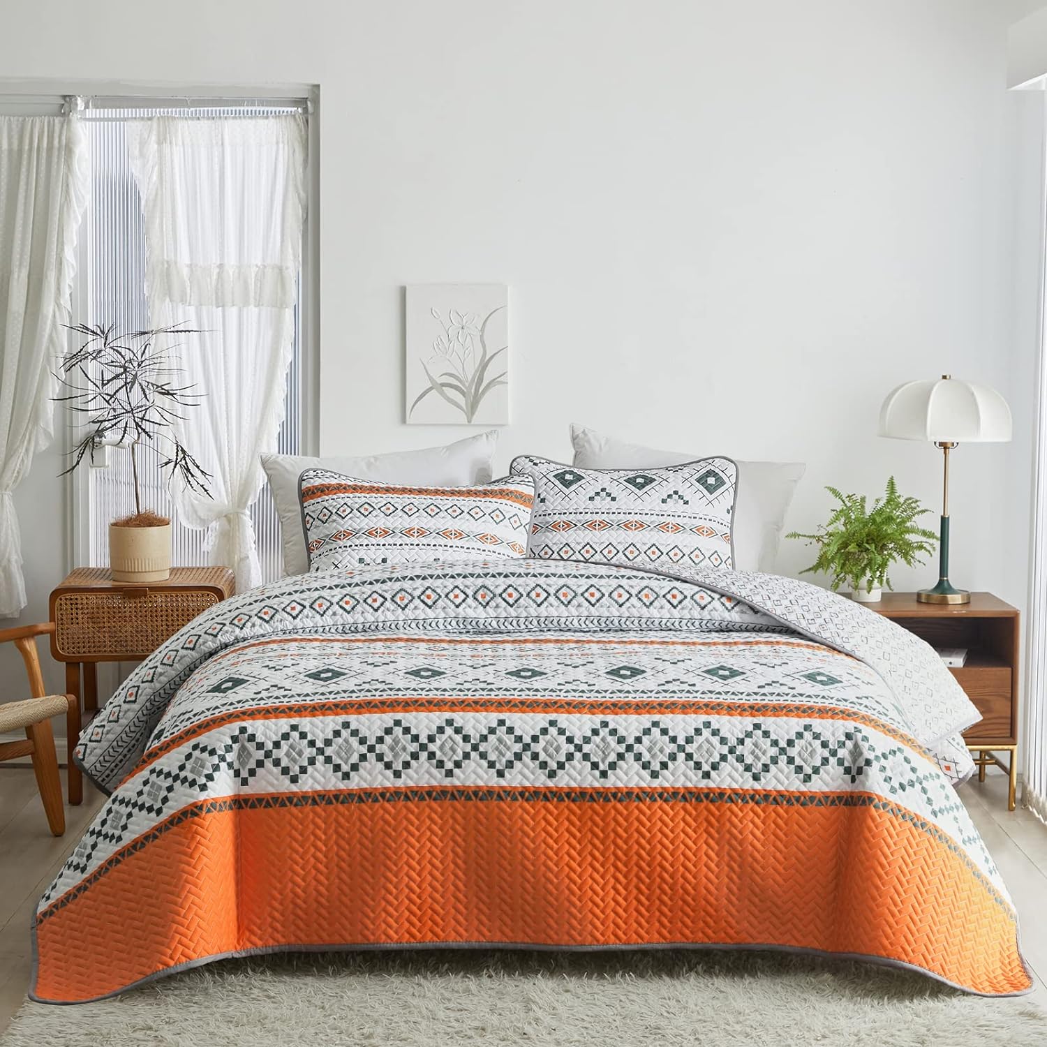 Flysheep 3-Piece Boho Orange Halloween Quilt Set Full Queen Size, Bohemian Tribal Style Summer Lightweight Bedspread/Coverlet Set, Brushed Microfiber Soft and Breathable for All Season - 92 x 90