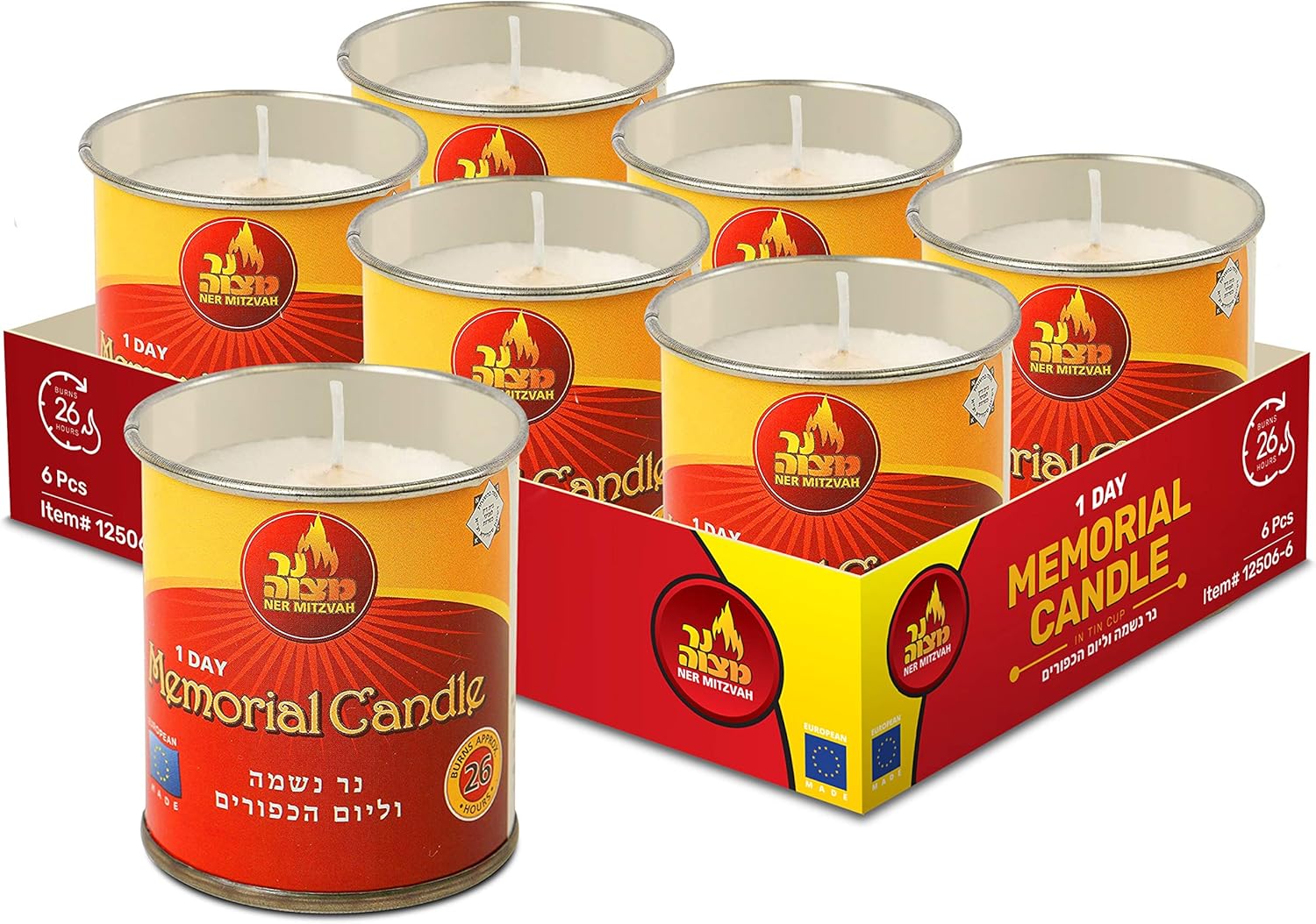 Ner Mitzvah 1 Day Yartzeit Candle - 6 Pack - 24 Hour Kosher Yahrtzeit Memorial and Yom Kippur Candle in Tin Cup Holder