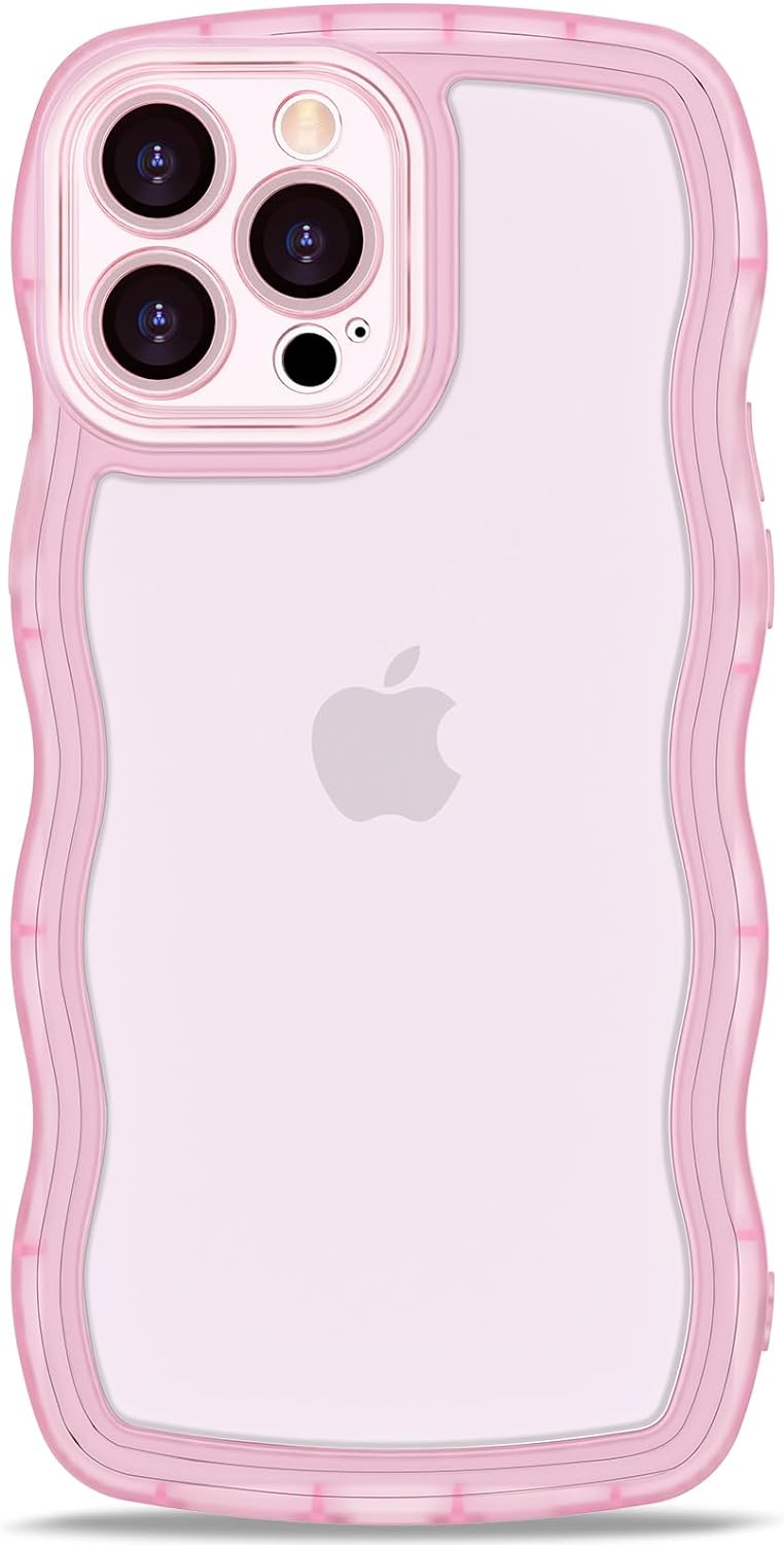 Anuck for iPhone 13 Pro Case Wavy Edge Clear Back Design, Anti-slip Grip Cute Wave Curly Frame Shape Shockproof Soft TPU & Hard Bumper Protective Phone Case Cover for Women Girls, Clear Pink