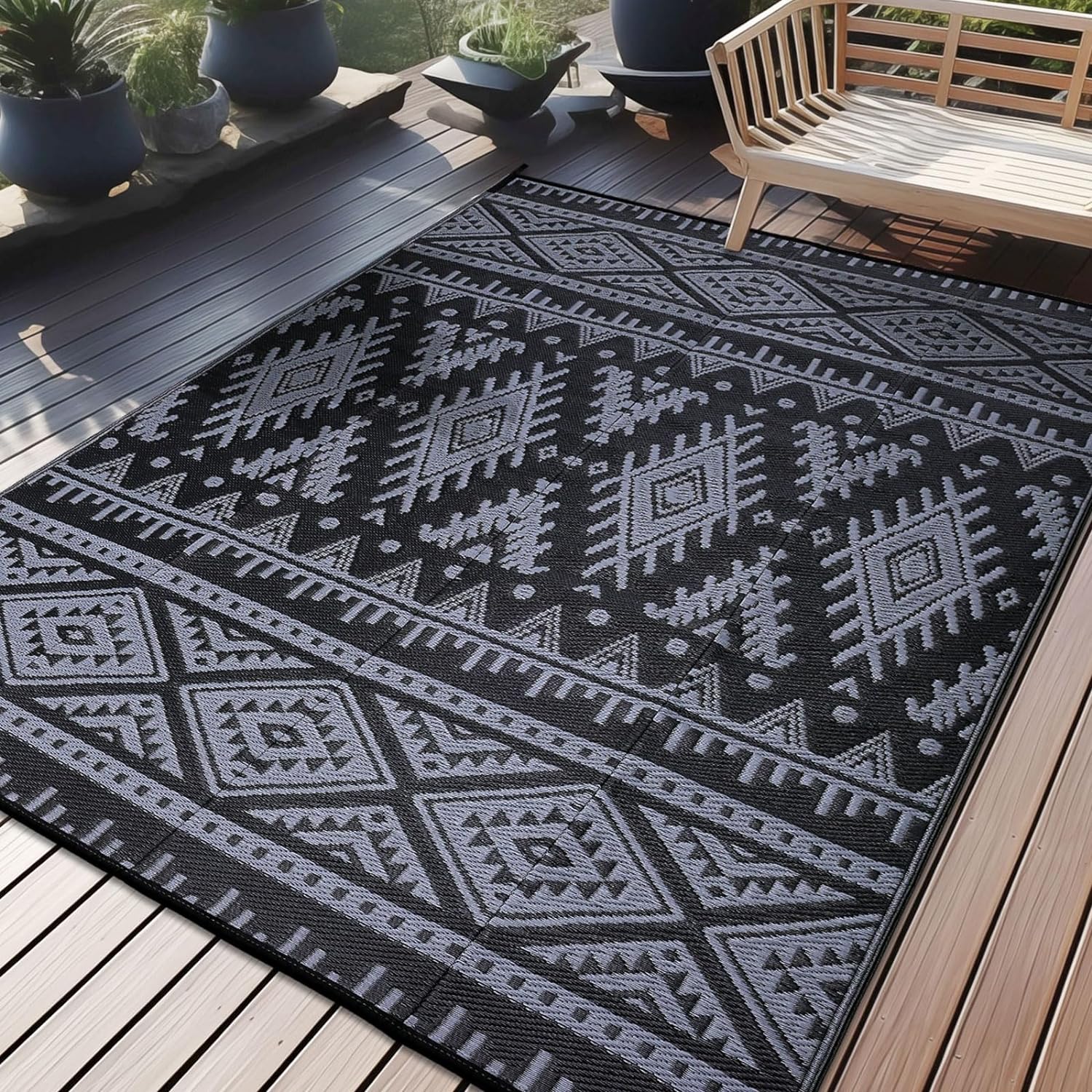 OLANLY Outdoor Rug Waterproof 6x9 ft, Reversible Outdoor Plastic Straw Rug, Boho Patio Rug, Indoor Outdoor Carpet, RV Mat Outside for Patio, Camp, Picnic, Balcony, Deck, Backyard, Black & Grey