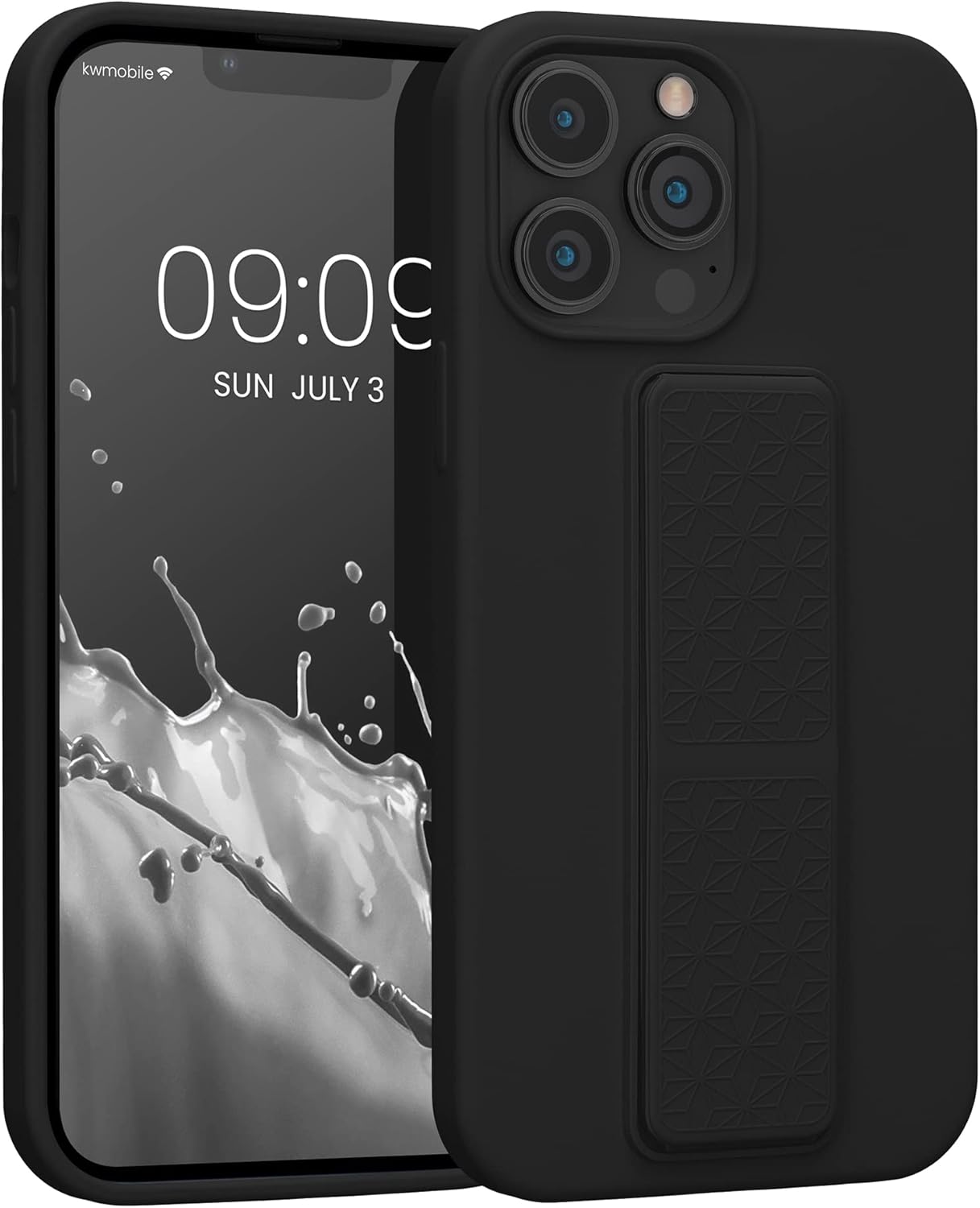 kwmobile Case Compatible with Apple iPhone 13 Pro Max - Case with Hand Strap and Stand Soft TPU Silicone Coating - Black