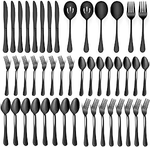 LIANYU 46-Piece Black Silverware Flatware Set for 8, Stainless Steel Flatware with Serving Utensils, Elegant Cutlery Tableware Includes Forks Spoons Knives, Mirror Polished