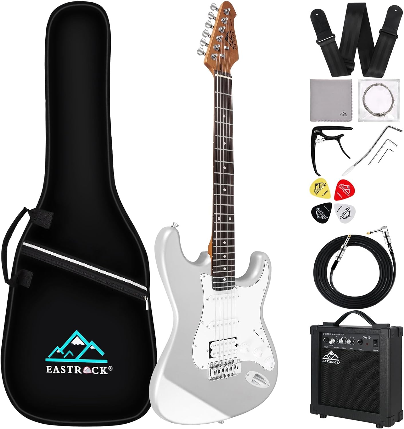 EASTROCK 39 inch Full-Size Electric Guitar Kit for Beginner Starter with 10w Amp, Bag, Capo, Shoulder Strap, String, Cable, Picks. (39 Right Handed, Silver Gray)