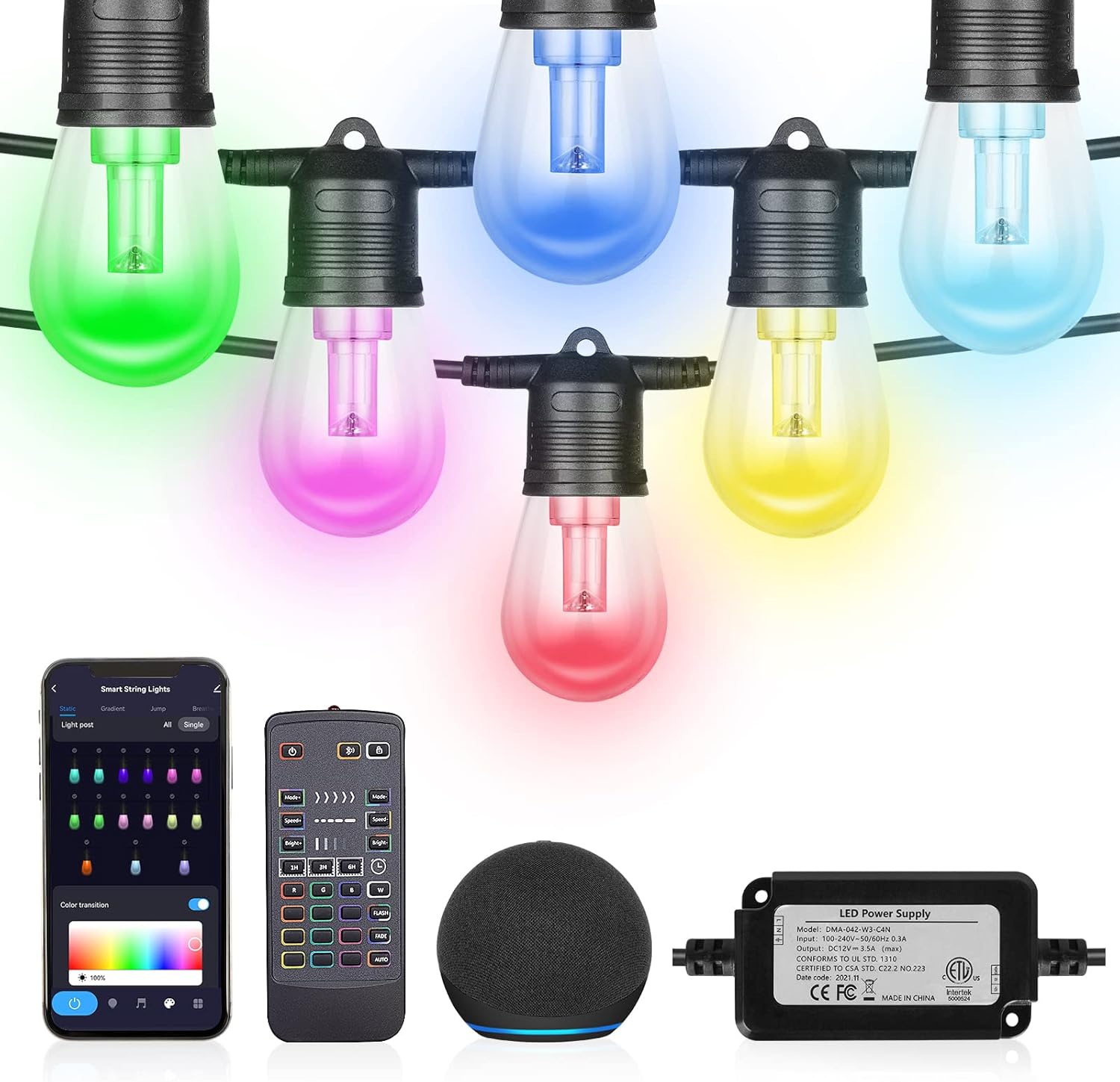 2023 Upgraded Outdoor String Lights, DIY Color Changing RGB Bright Smart Light 50ft Work with Alexa & Remote for Party, IP65 Waterproof Outside Patio String Light with 15 Dimmer LED Bulbs