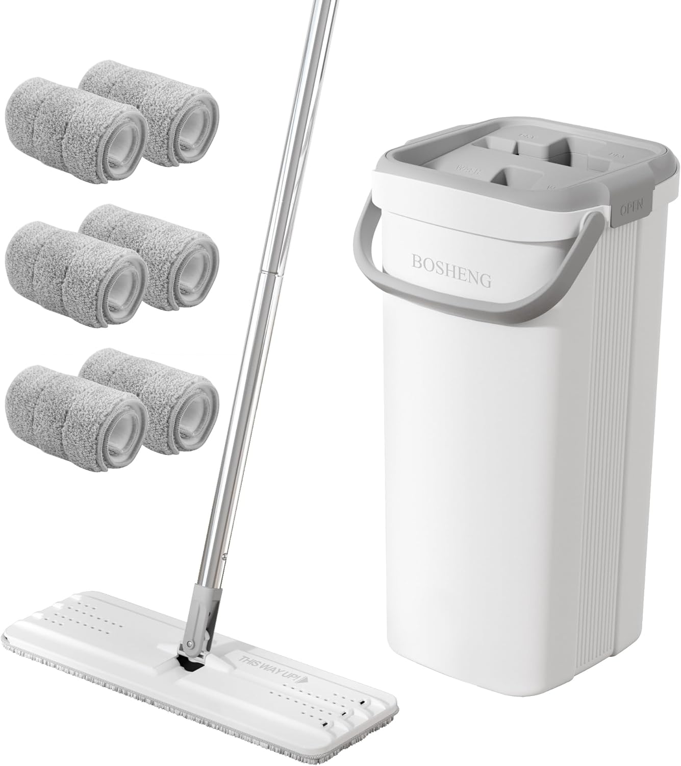 Mop and Bucket with Wringer Set, Flat Floor Mop and Bucket, with Long Handle and 6 Microfiber Reuseable Pads, Wet and Dry Use for Household Cleaning and Floor Cleaning