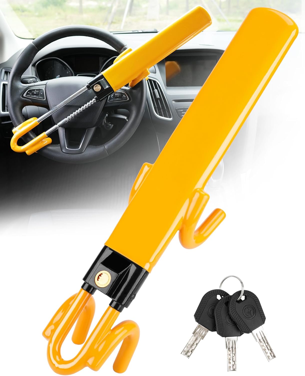 Tevlaphee Steering Wheel Lock - Heavy Duty Antitheft Device and Car Security Lock with Adjustable Locking and 3 Keys - Great Vehicle and Truck Deterrent (Yellow)