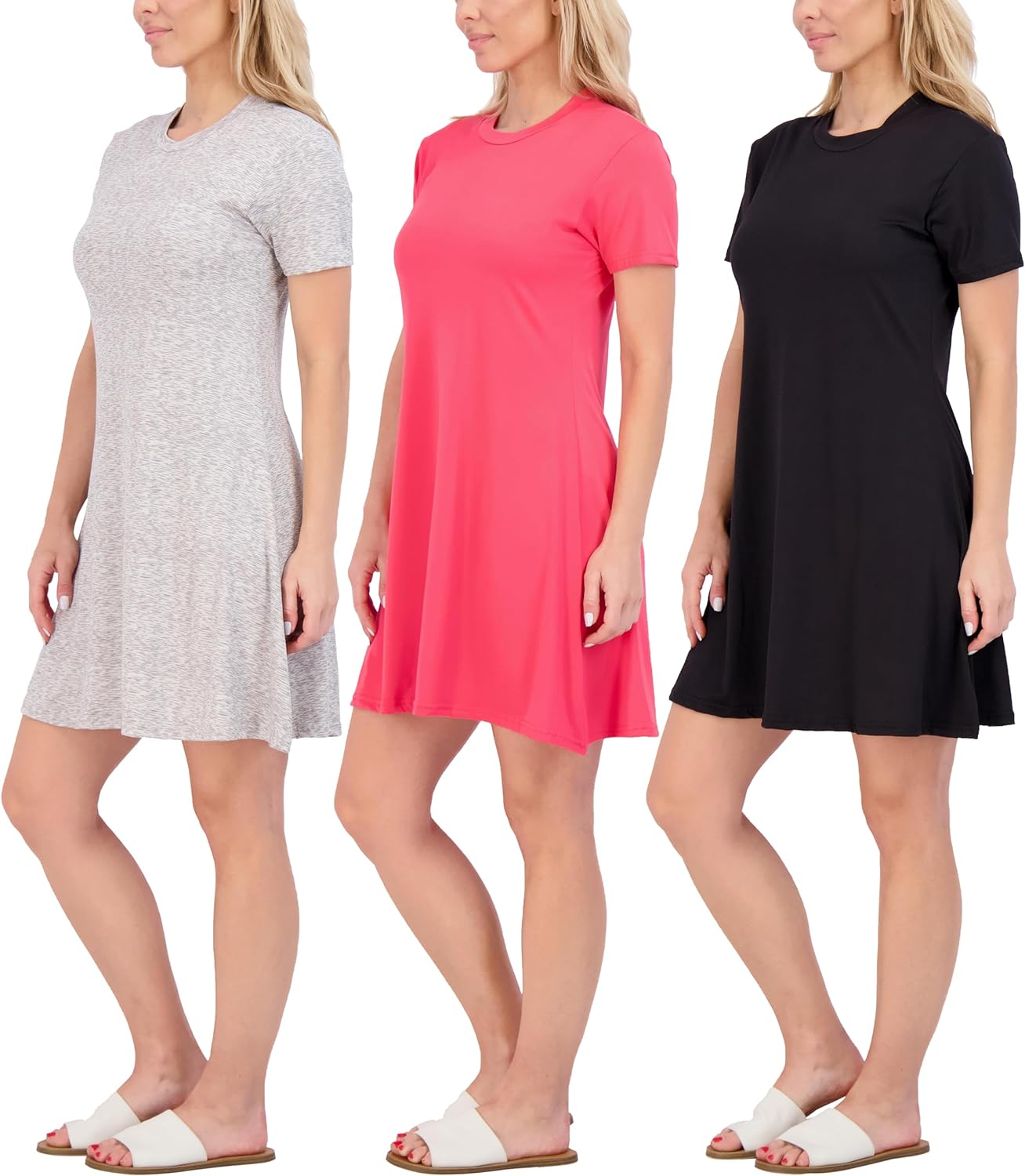 I recently purchased the 3-Pack of Women' Soft Lounge Swing Casual T-Shirt Dresses, and I couldn't be more delighted with my decision. These dresses are a game-changer when it comes to combining comfort, style, and versatility.First and foremost, the fabric is incredibly soft and luxurious against the skin. It feels like a gentle hug, making these dresses perfect for lounging around the house or running errands. The material is also breathable, ensuring that I stay comfortable all day long. It'