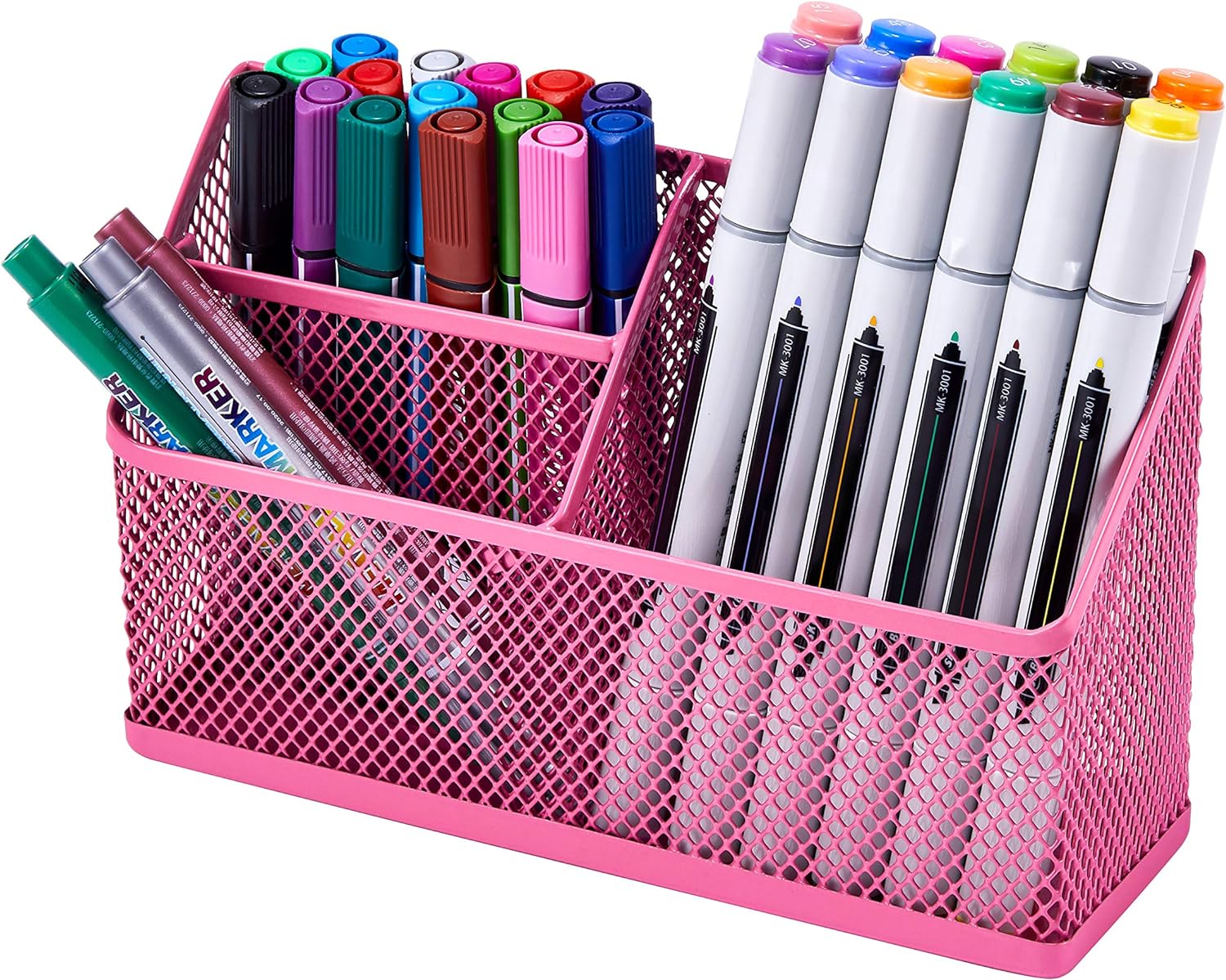 LockerMate Magnetic Pencil Holder, Locker Organizer with 3 Mesh Storage Compartments, Pink