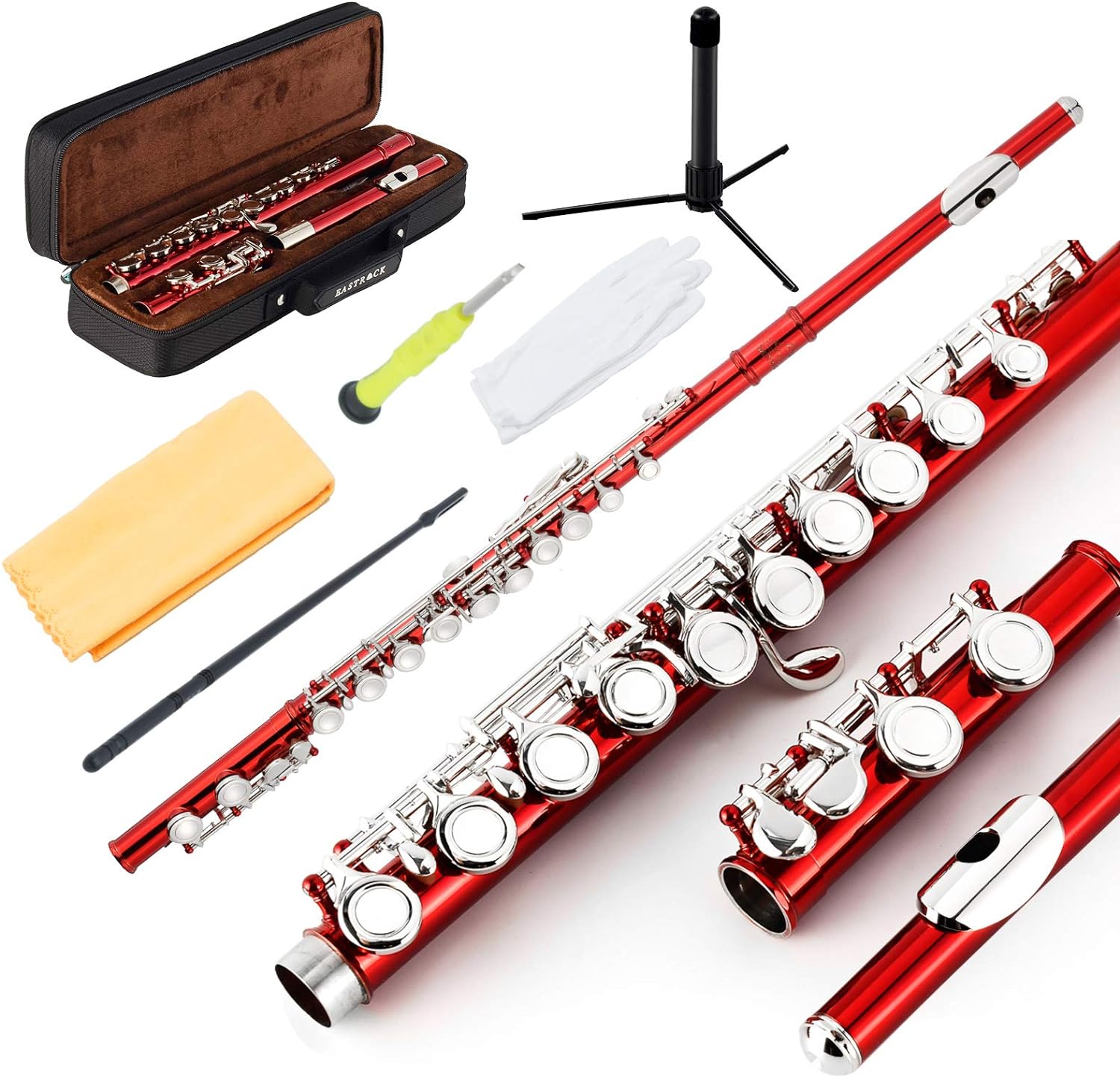 EastRock Closed Hole Flutes C 16 Key for Beginner, Kids, Student -Nickel Flute with Case Stand and Cleaning kit (Red)