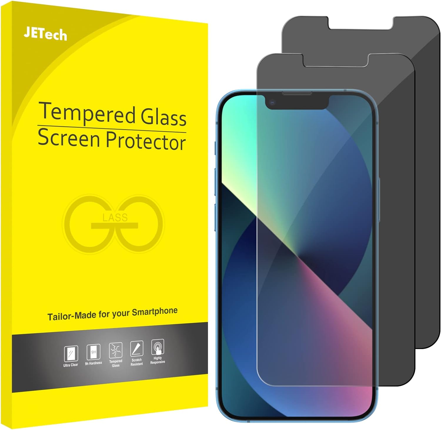 JETech Privacy Screen Protector for iPhone 13/13 Pro 6.1-Inch, Anti Spy Tempered Glass Film, 2-Pack