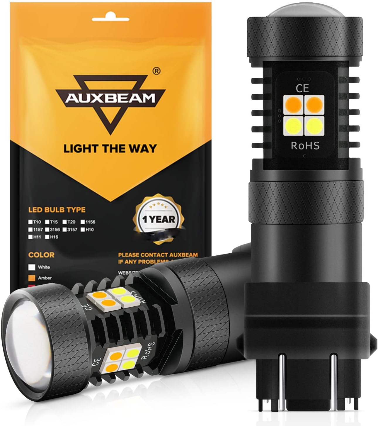 Auxbeam 3157 LED Bulbs P27/5W T25 3157 3057 3155 3457 4157 Switchback, 300% Brighter White and Amber Dual Color Bulb with Projector for Car DRL Turn Signal Lights Parking Lights