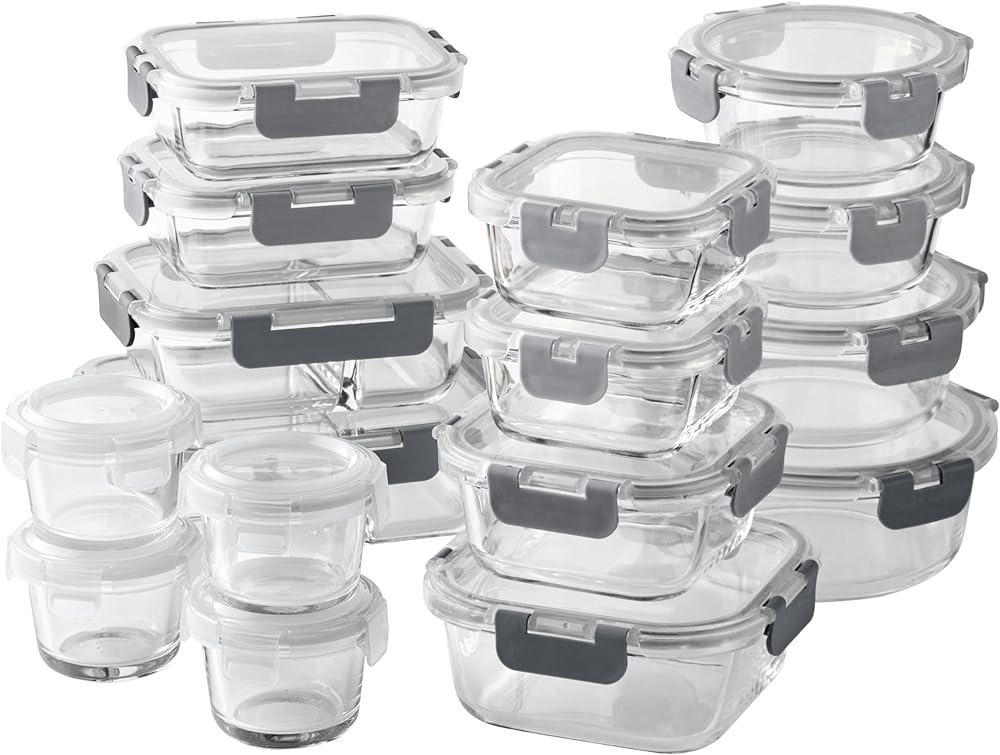 COOK WITH COLOR Premium 32-Pc. Borosilicate Glass Food Container Set with Dividers - 4 Rectangles, 8 Rounds, 4 Squares - Leakproof Lids - Meal Prep, Storage