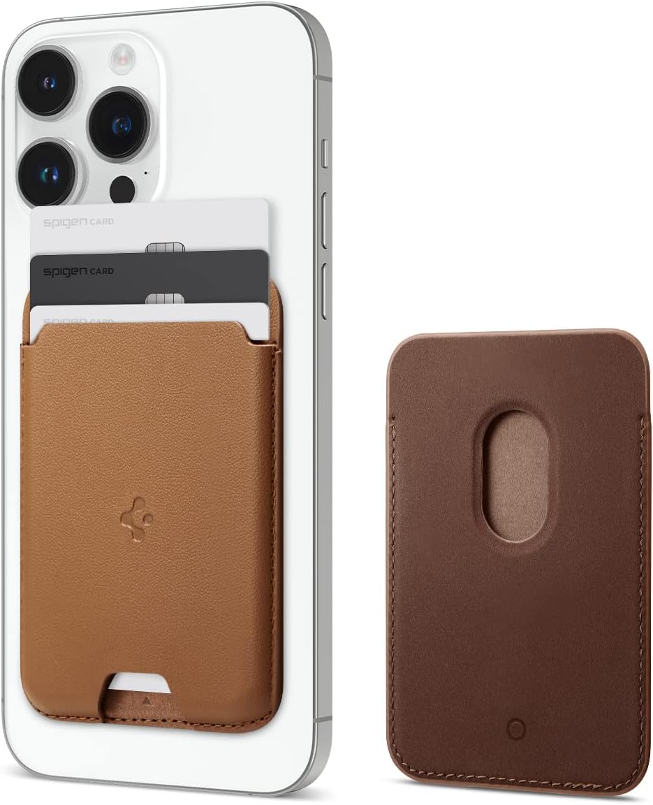 Spigen Magnetic Wallet Card Holder (MagFit) Designed for MagSafe Compatible with iPhone 15, iPhone 14, iPhone 13, iPhone 12 Models - PU Brown (3-Cards)