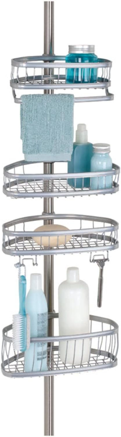 iDesign York Metal Wire Tension Rod Corner Shower Caddy, Adjustable 5'-9' Pole and Baskets for Shampoo, Conditioner, Soap with Hooks for Razors, Towels, Silver