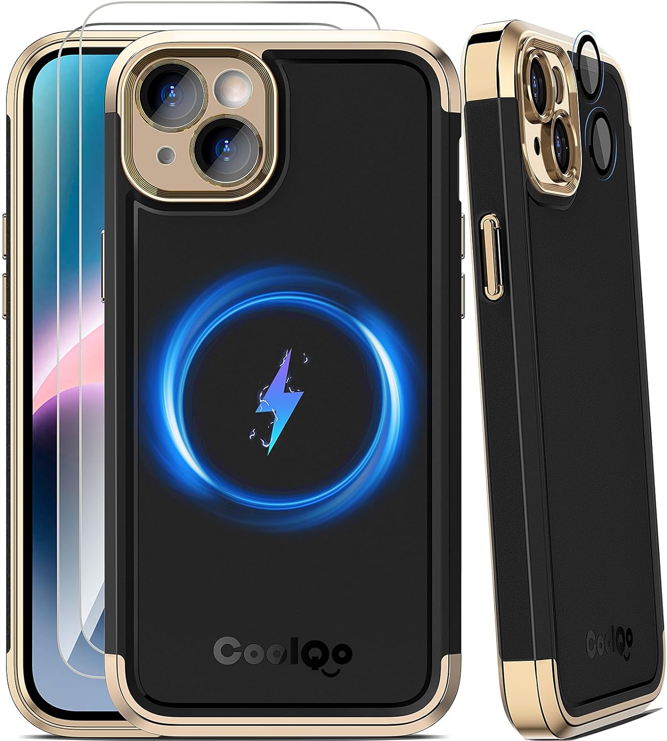 COOLQO Magnetic for iPhone 13 Case iPhone 14 Case [Compatible with MagSafe] 2X[Tempered Glass Screen Protector+Camera Lens Protectors] Shockproof Protective Phone Case for iPhone 13/14, Black Gold