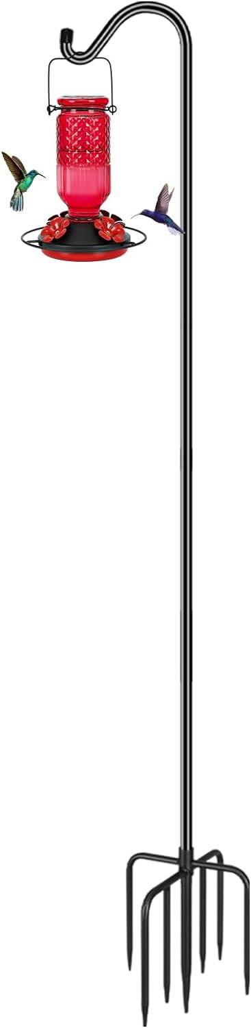 FEED GARDEN Adjustable Shepherd Hook Bird Feeder Pole with 7 Prongs Base, 108 Inch Tall 5/8 Inch Thick, Heavy Duty Outdoor Garden Poles for Hanging Bird Feeders, Plant Baskets, Black (1 Pack)