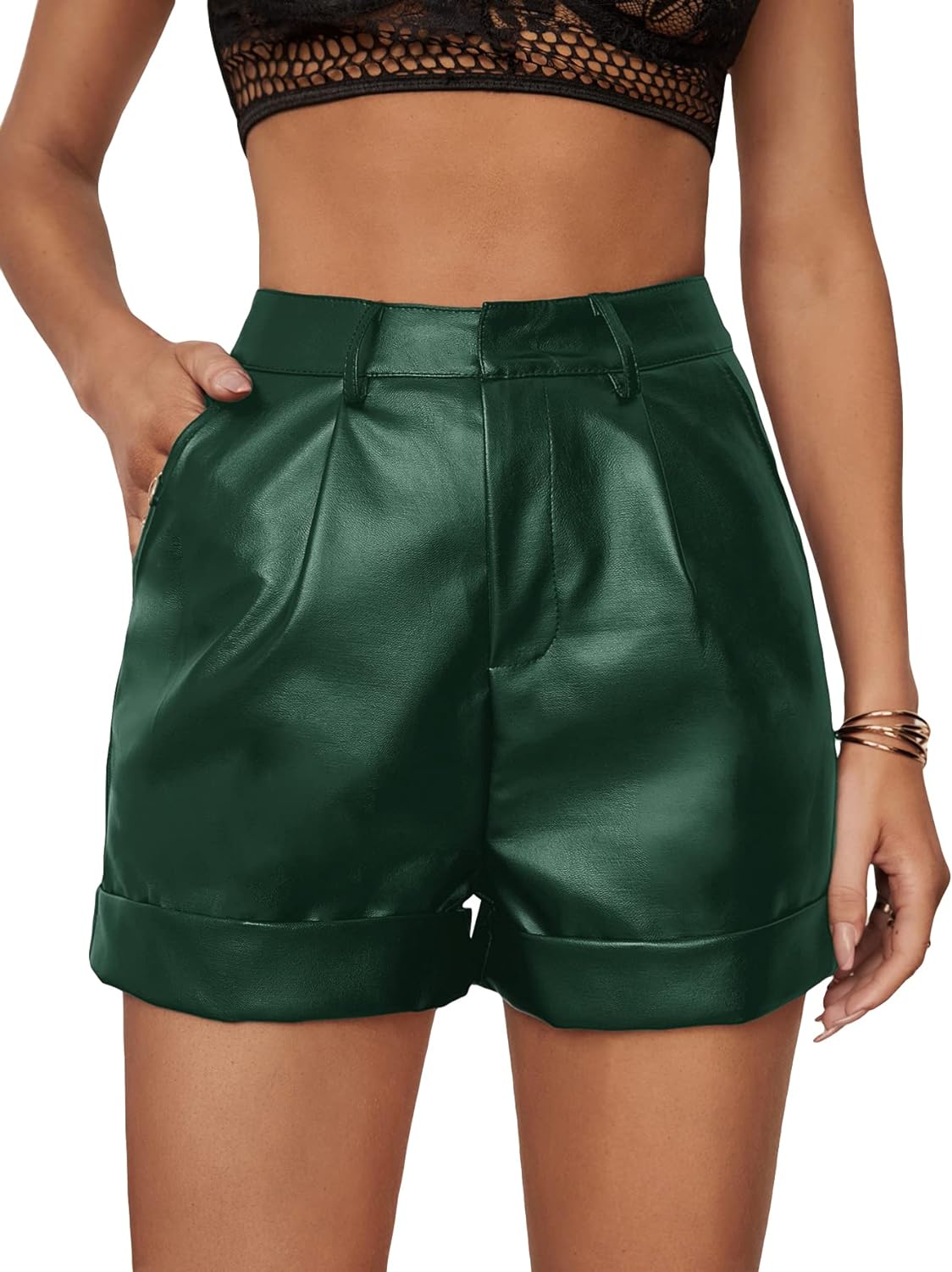 WDIRARA Women' High Waisted PU Leather Shorts Roll Hem Shorts with Pockets