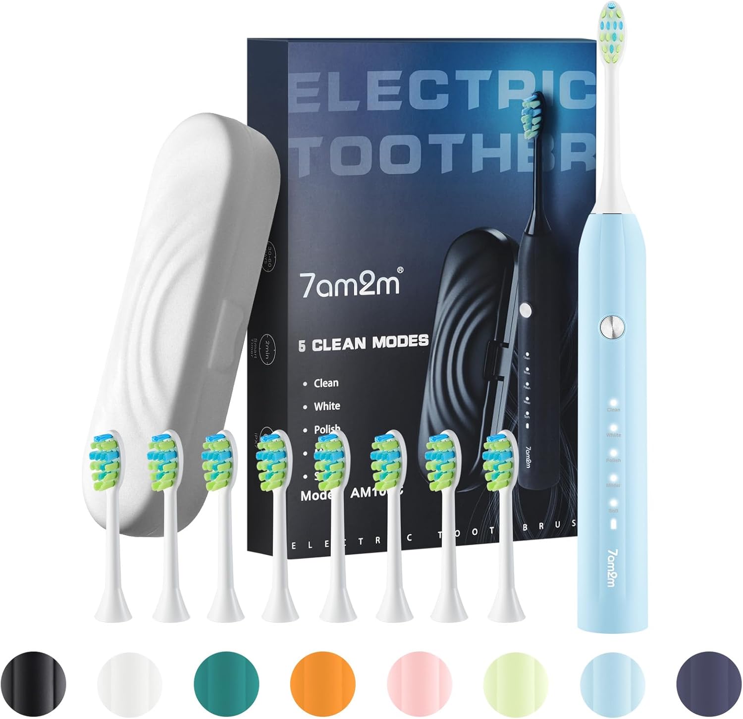 7AM2M Sonic Electric Toothbrush for Adults and Kids, with 8 Brush Heads and Travel Case,5 Modes with 2 Minutes Build in Smart Timer, One Charge Use for 90 Days, Rechargeable Toothbrushes (Light Blue)