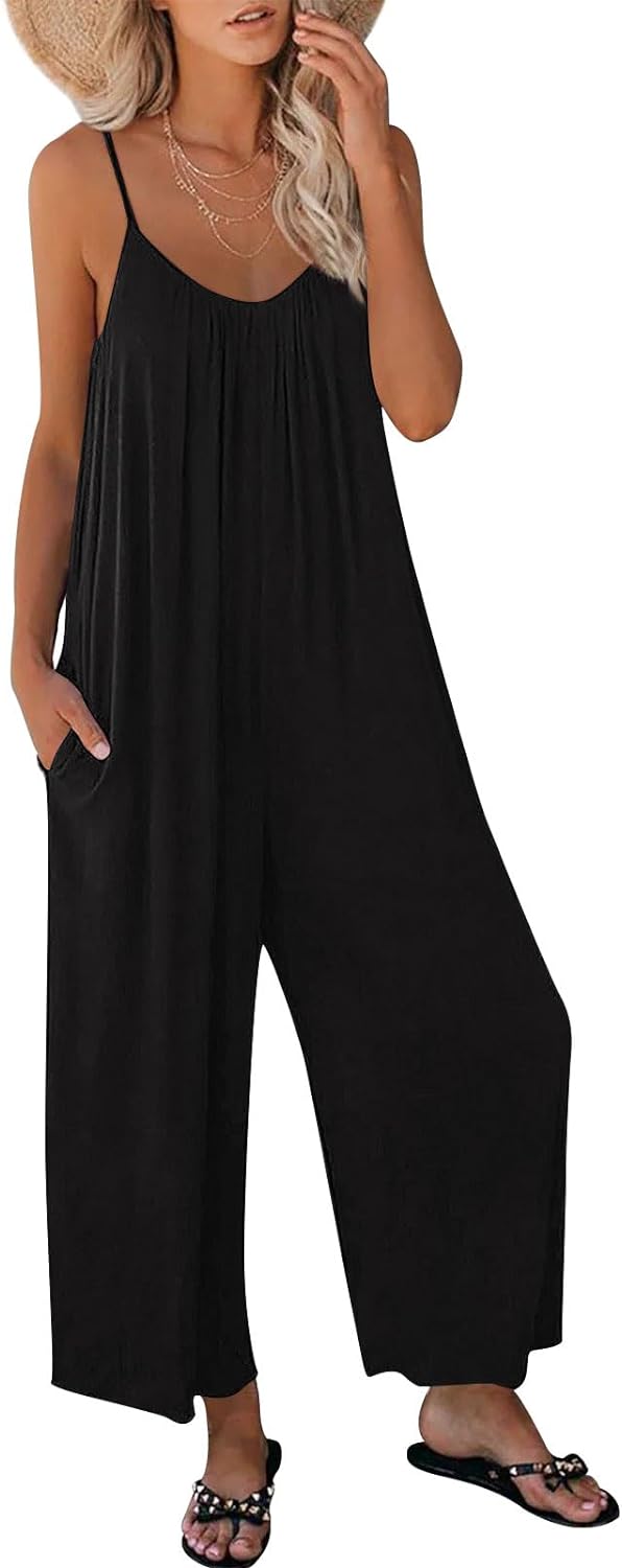 AUTOMET Jumpsuits for Women Loose Casual Sleeveless Adjustable Spaghetti Strap Stretchy Wide Leg Rompers with Pockets