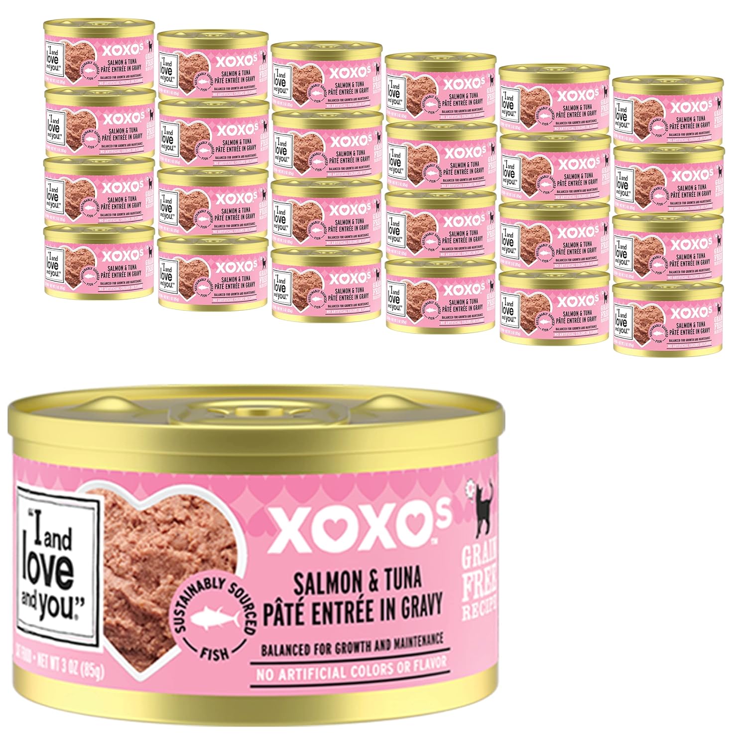 "I and love and you" XOXOs Canned Wet Cat Food, Salmon and Tuna Pate, Grain Free, Real Meat, No Fillers, 3 oz Cans, Pack of 24 Cans