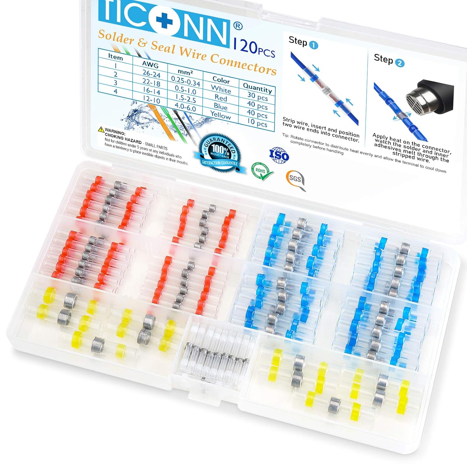 TICONN 120 Pcs Solder Seal Wire Connectors, Heat Shrink Butt Connectors, Waterproof and Insulated Electrical Wire Terminals, Butt Splice (120PCS)