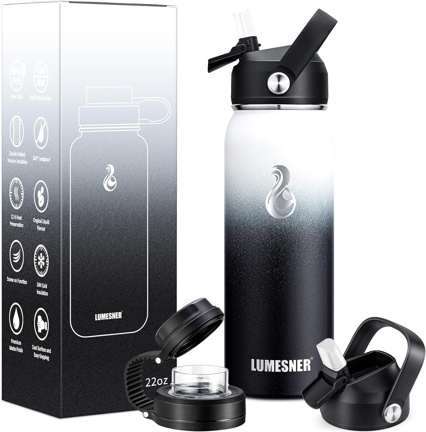 Lumesner Vacuum Insulated Stainless Steel Water Bottle,1200ml/950ml/650ml- 2 Lids (Straw Lid and Spout Lid), 2 Straws Water Bottle (22 oz, Day & Night)