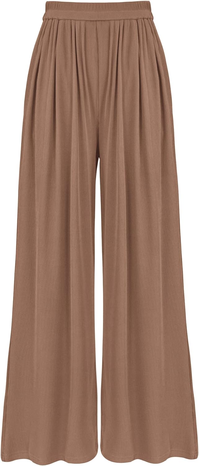 BTFBM Women' Casual Wide Leg Pants Spring Summer Clothes Pleated Elastic Waist Loose Palazzo Knit Trousers with Pockets