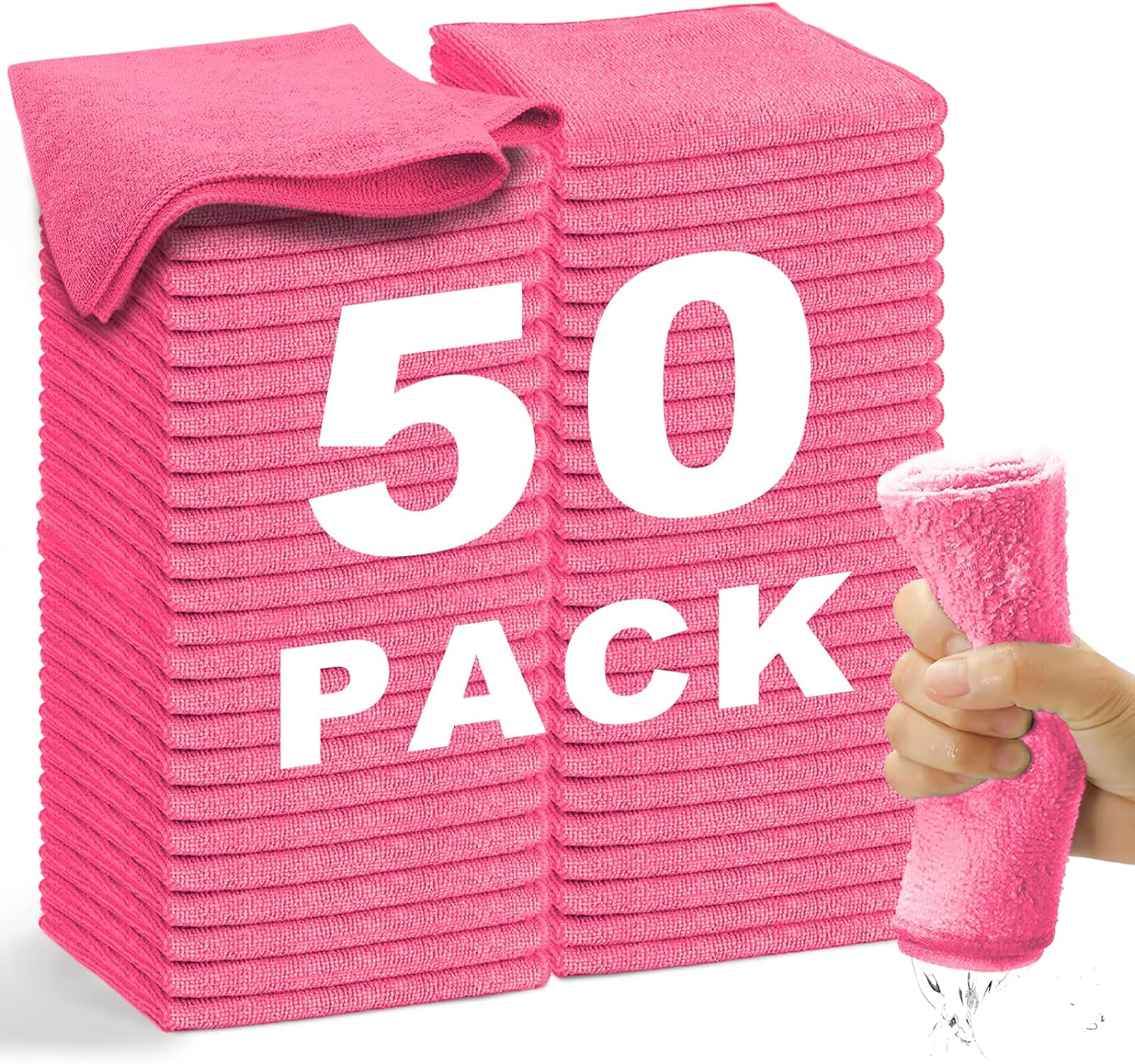 Microfiber Cleaning Cloth-50Pcs (13x13 inch) 2100 Series Ultra Soft Highly Absorbent Rags for Cleaning, Reusable and Lint Free Cleaning Towels for Housekeeping-Machine Wash (HotPink)