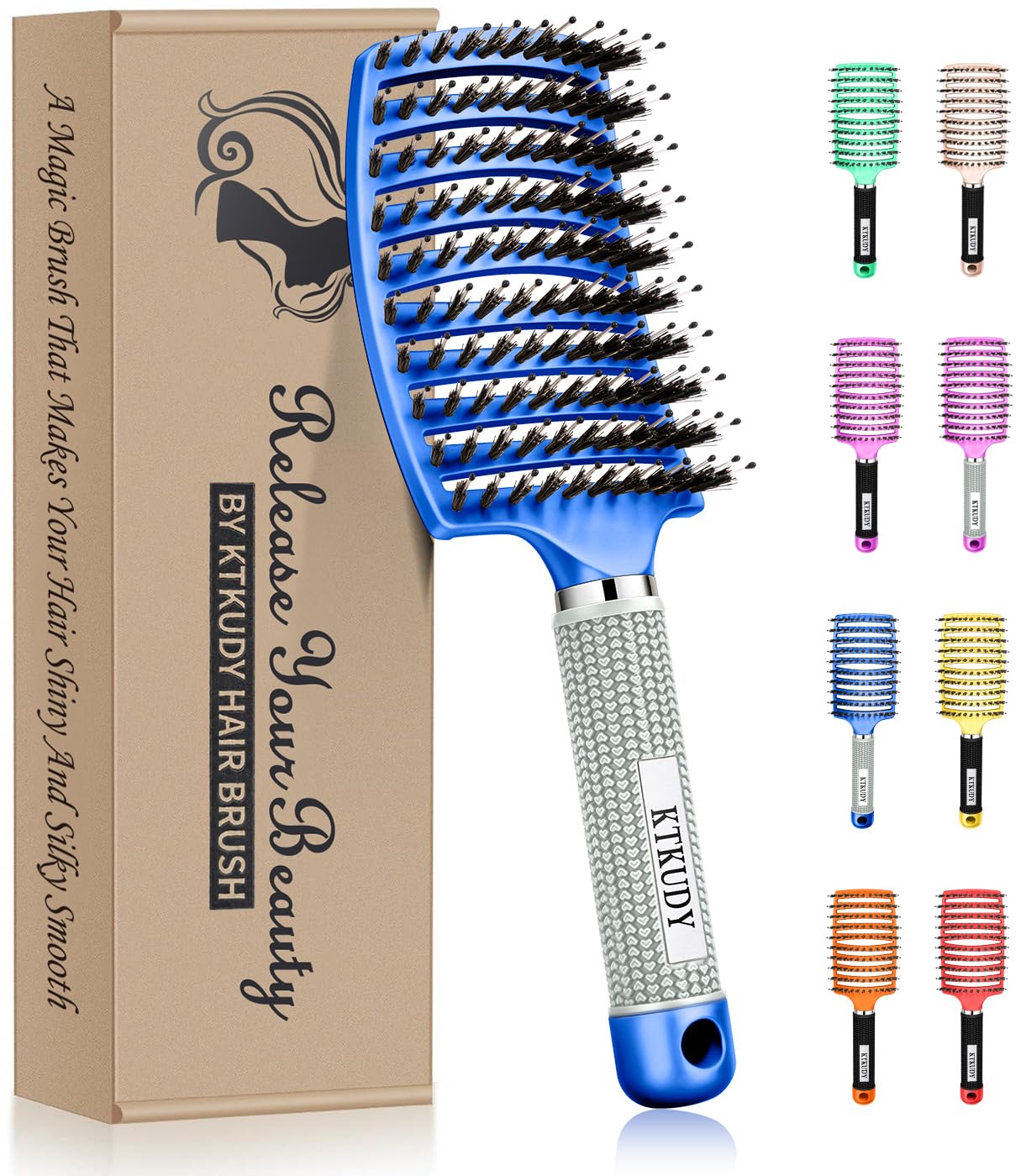 KTKUDY Detangling Brush Boar Bristles Hair Brush Make Hair Shiny & Healthier Curved and Vented Detangler Brush for Women Men Kids Wet and Dry Hair (Blue)