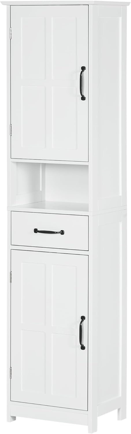 kleankin Slim Bathroom Storage Cabinet, Tall Bathroom Cabinet, Linen Tower with Open Shelf, Drawer, Recessed Doors, and Adjustable Shelves, White