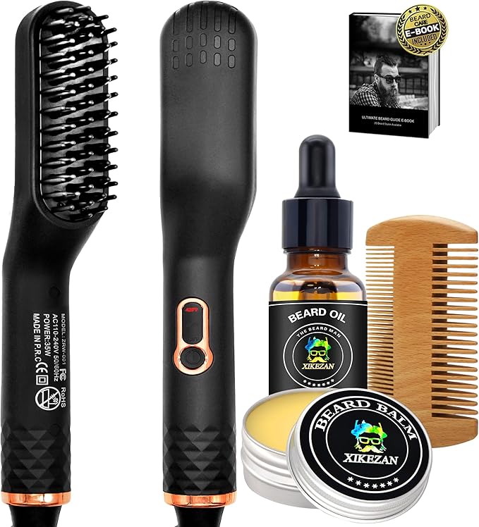 Beard Straightener w/Beard Balm & Beard Growth Oil & Beard Guide E-Book,Upgraded 3 in 1 Hair Straightener Brush Beard Straightening Comb,Unique Stocking Stuffers Gifts for Men Women Him