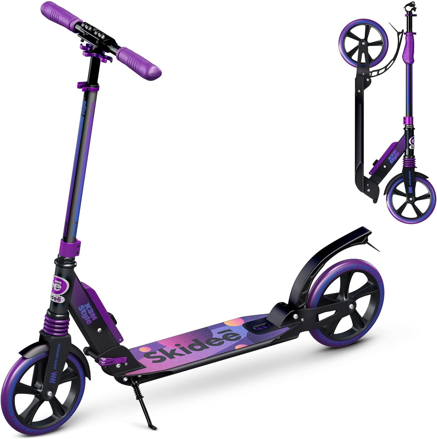 Skidee Scooter for Adults and Teens  Adjustable Height, Kids Scooter, Folding Scooter, Large Sturdy Wheels for Smooth Ride, Lightweight, Durable, Anti-Shock Suspension, Outdoor Toys, up to 220 lbs