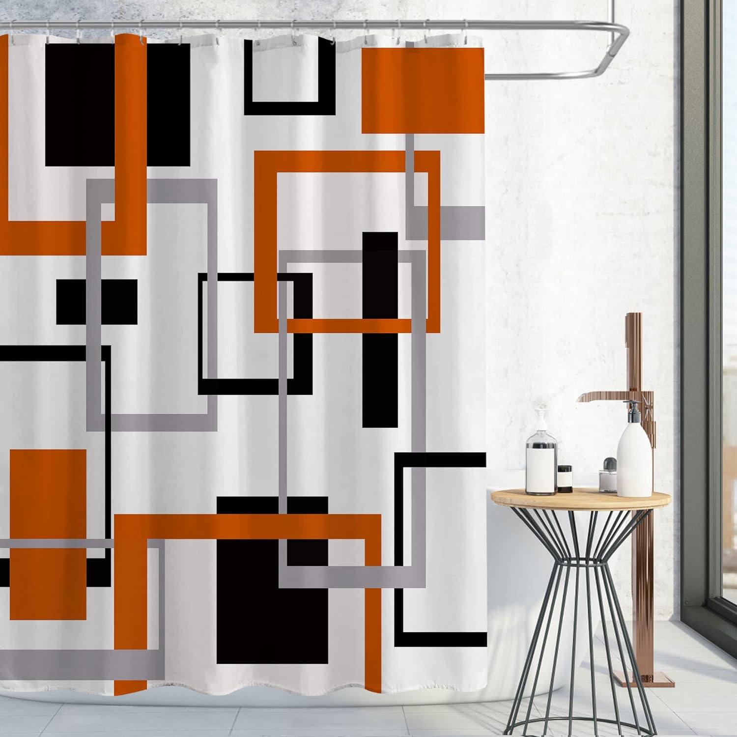 Gibelle Burnt Orange Shower Curtain, Mid Century Modern Geometric Shower Curtain Set, Abstract Orange Black Grey Square White Backdrop Waterproof Fabric Shower Curtain for Bathroom Decor, 72 x 72