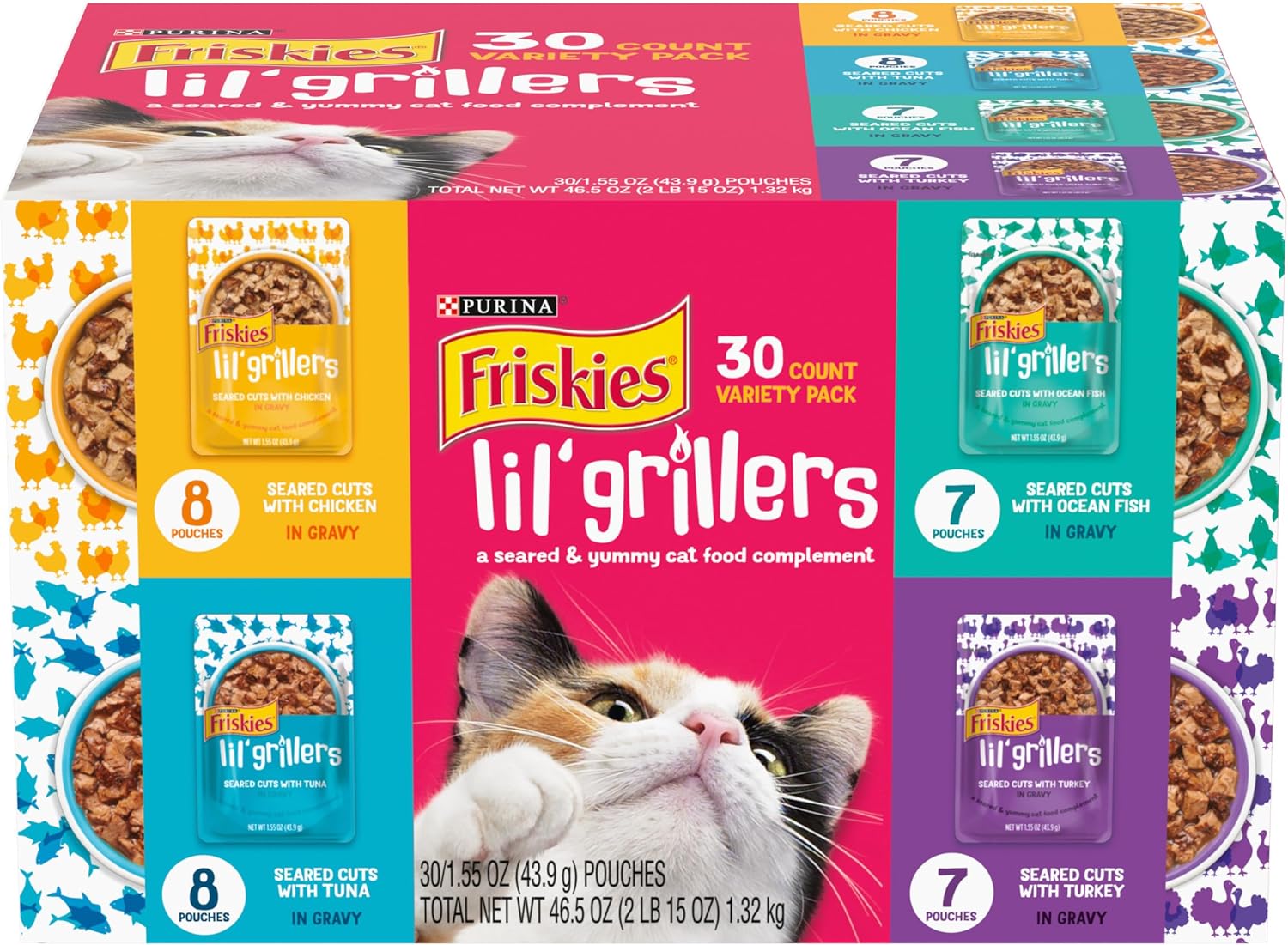 Purina Friskies Gravy Wet Cat Food Lickable Cat Treats Variety Pack, Lil' Grillers Chicken, Turkey, Ocean Fish & Tuna - (Pack of 30) 1.55 oz. Pouches