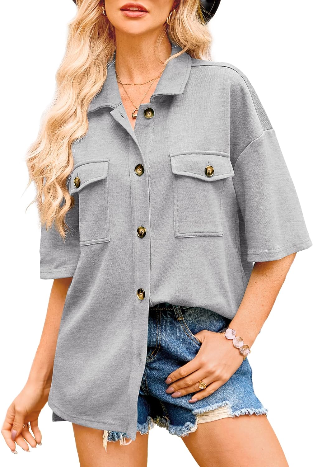 BTFBM Women Button Down Shirts Summer Casual Short Sleeve Side Slit High Low Hem Loose Fit Collared Shirt Blouse Top