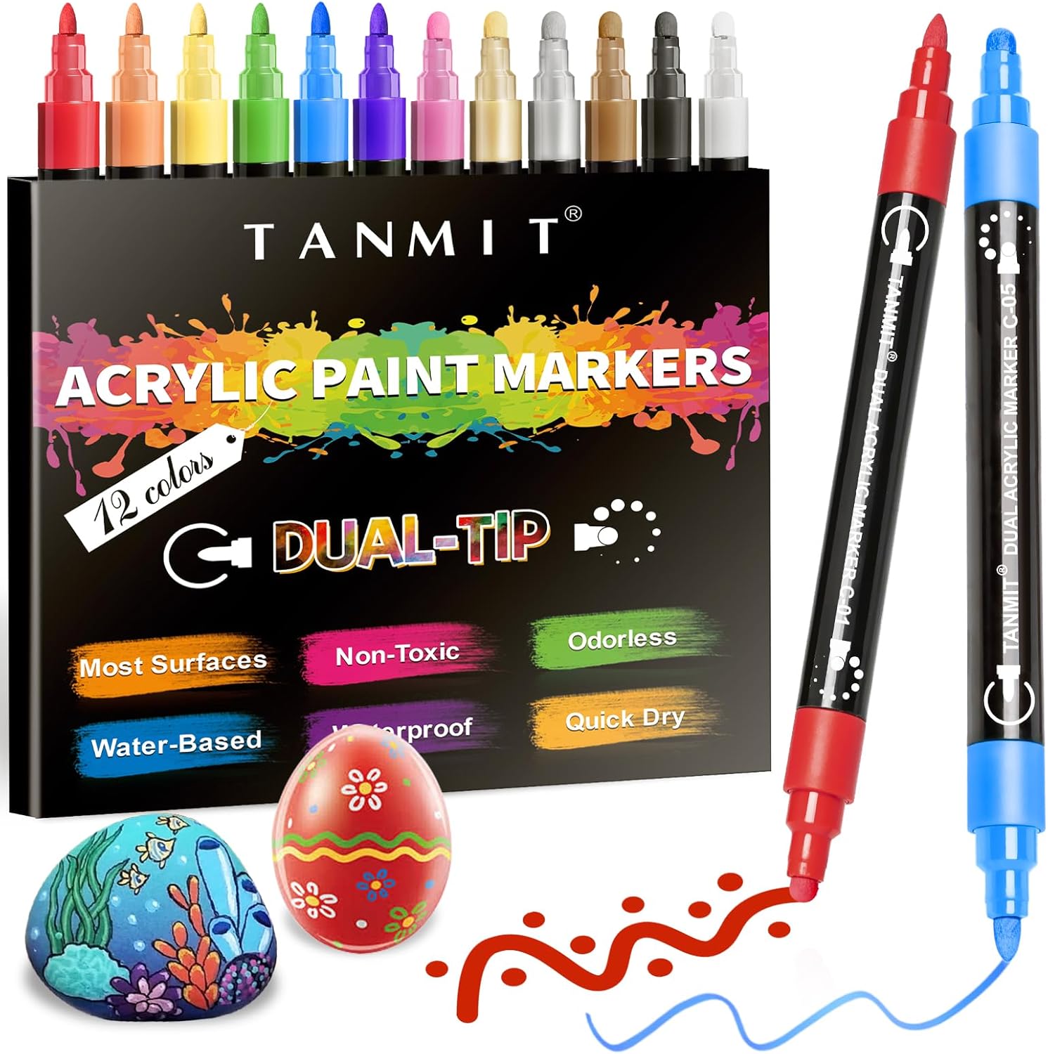 12 Colors Acrylic Paint Pens Markers, Dual Tip Acrylic Paint Pens for Rock Painting, Wood, Canvas, Stone, Glass, Ceramic Surfaces, DIY Crafts Making Art Supplies (Round Tip and Fine Tip)