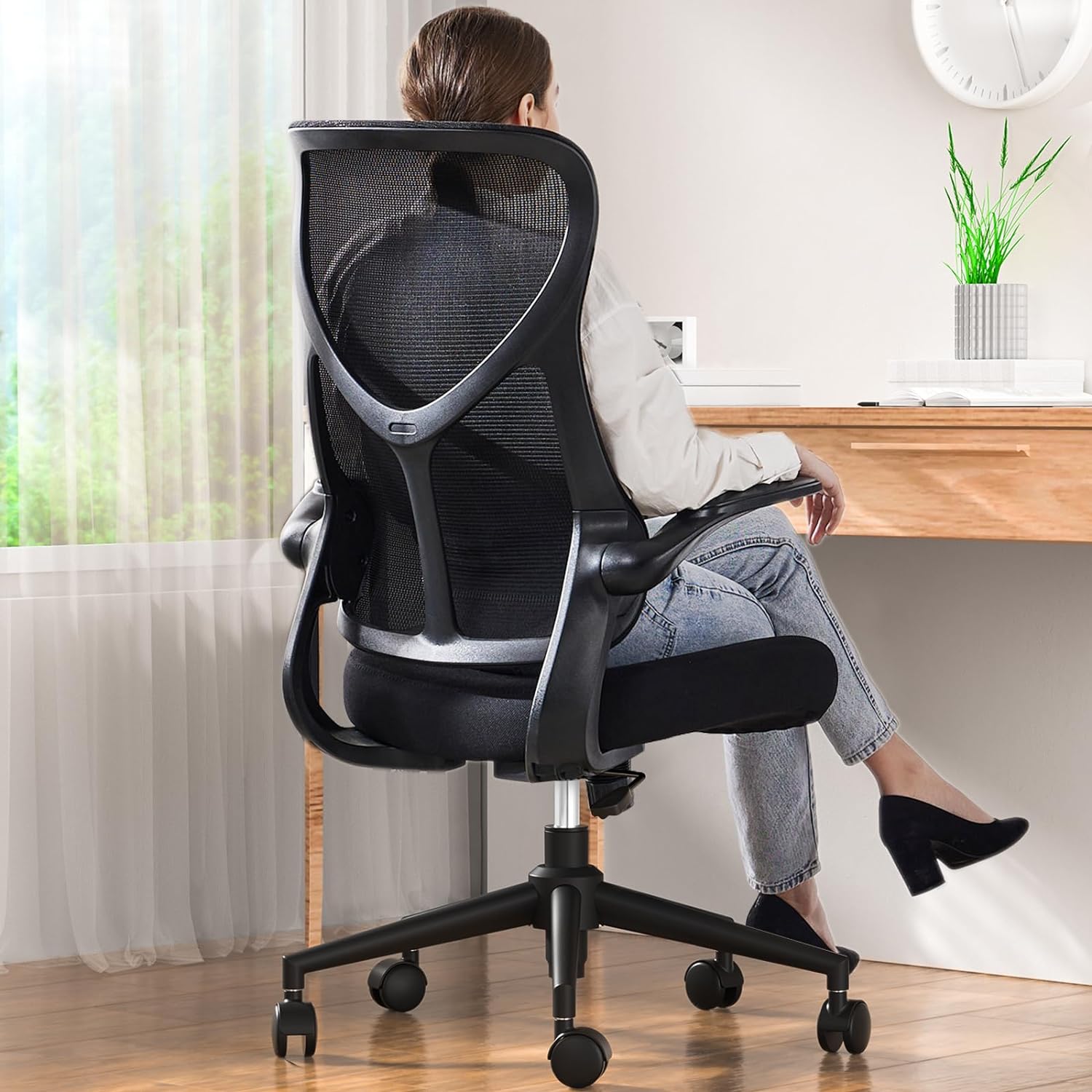 Sweetcrispy Ergonomic Office Desk Computer Chair, Comfy High Back Swivel Rolling Home Mesh Gaming Chairs with Wheels, Lumbar Support, Flip-up Arms,120��tilt for Bedroom, Study, Work, Black