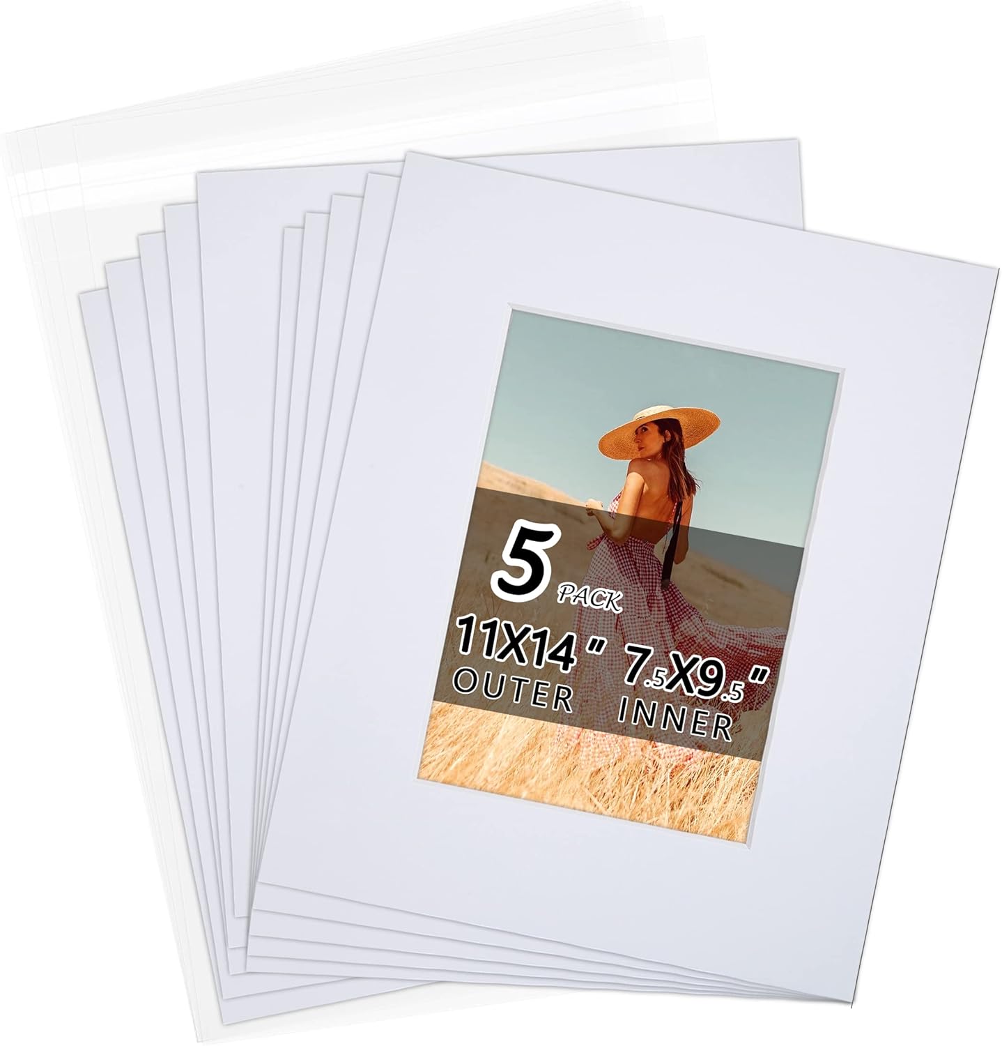 Acid Free 5 Pack 11x14 Pre-Cut Mat Board Show Kit for 8x10 Photos, Prints or Artworks, 5 Core Bevel Cut Matts and 5 Backing Boards and 5 Crystal Plastic Bags, White