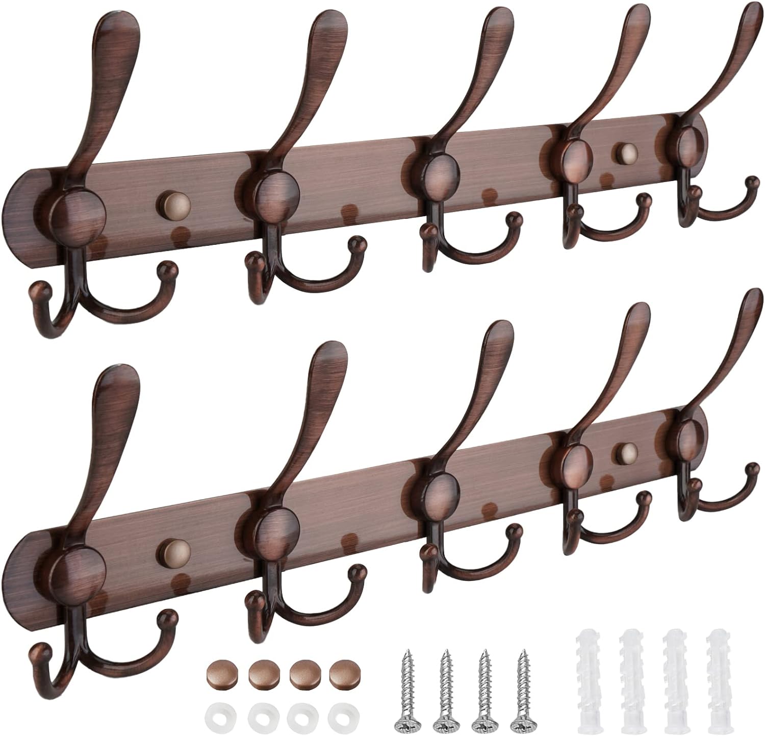 TICONN Wall Mounted Coat Rack, Five Heavy Duty Tri Hooks All Metal Construction for Jacket Coat Hat in Mudroom Entryway (Antique Bronze, 2-Pack)