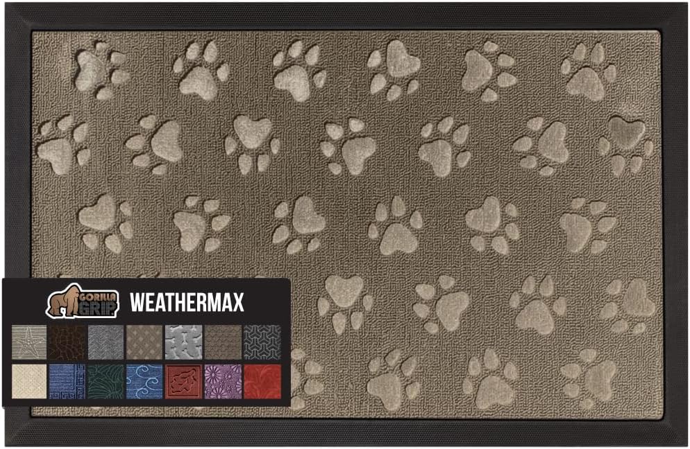 Gorilla Grip 100% Waterproof All-Season WeatherMax Doormat, Durable Natural Rubber, Stain and Fade Resistant, Low Profile, Indoor Outdoor Doormats, Easy Clean Patio Entrance Mat, 17x29, Tan Pawprints