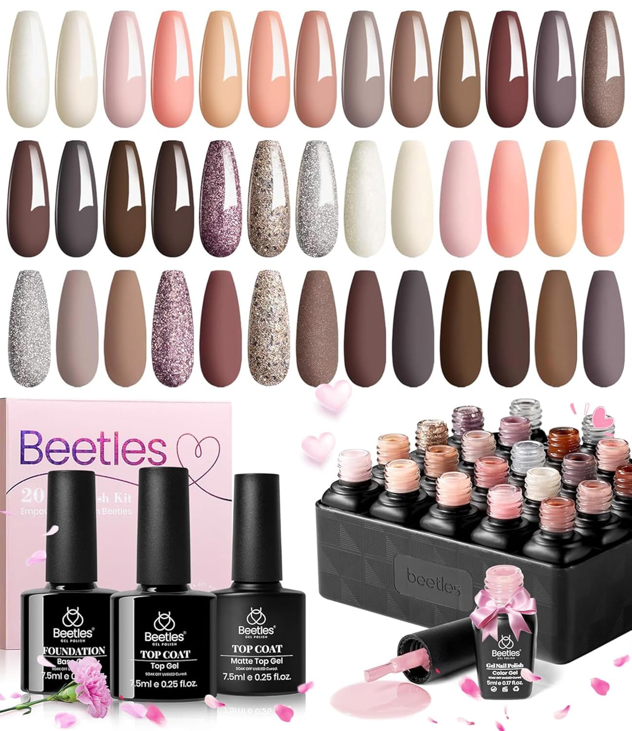 Beetles Neutral Gel Nail Polish Kit, 23 Pcs Nude Pink Gel Polish Set Glitter Peach Desert Rose Gel Nail Kit Natural Skin Tone Uv Soak Off Nail Art Glossy & Matte Top Coat Gel Summer Gift for Girls