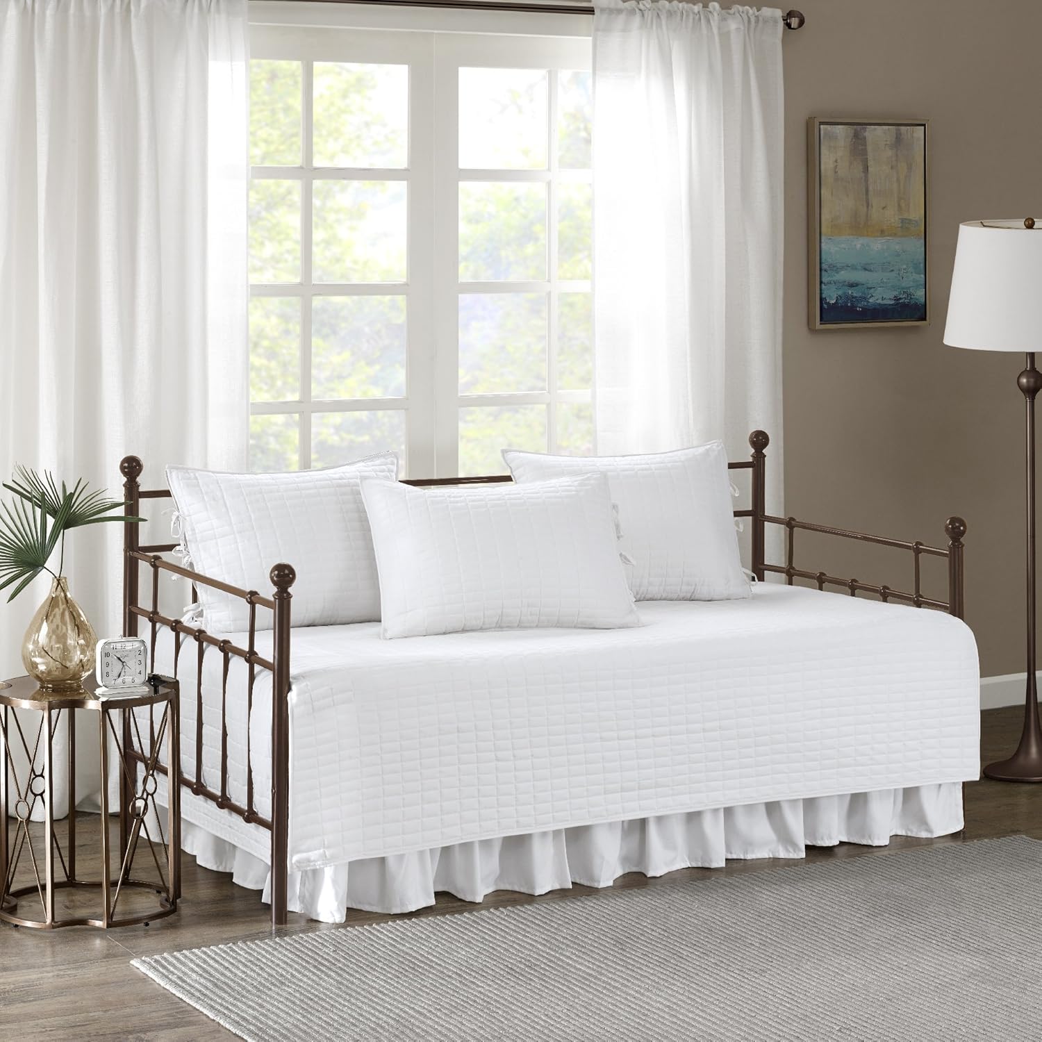 Comfort Spaces Daybed Cover - Luxe Double Sided-Quilting, All Season Cozy Bedding with Bedskirt, Matching Shams, Kienna White 75x39 5 Piece