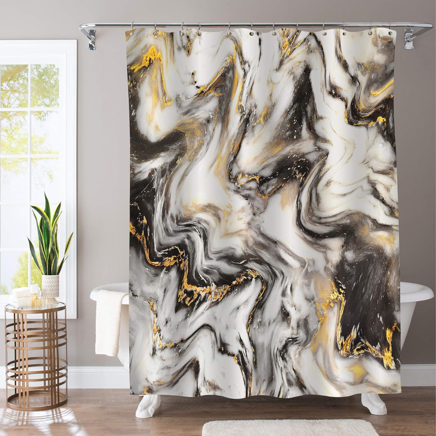 Gibelle Long Shower Curtain 72 x 78, Tall Abstract Black Gold Marble Shower Curtain, Modern Luxury Neutral Art Waterproof Fabric Shower Curtain for Bathroom Decor