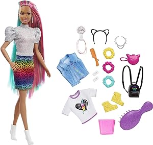 Barbie Doll Leopard Rainbow Hair with Color-Change Highlights & 16 Styling Accessories Including Clothes, Scrunchies, Brush & More