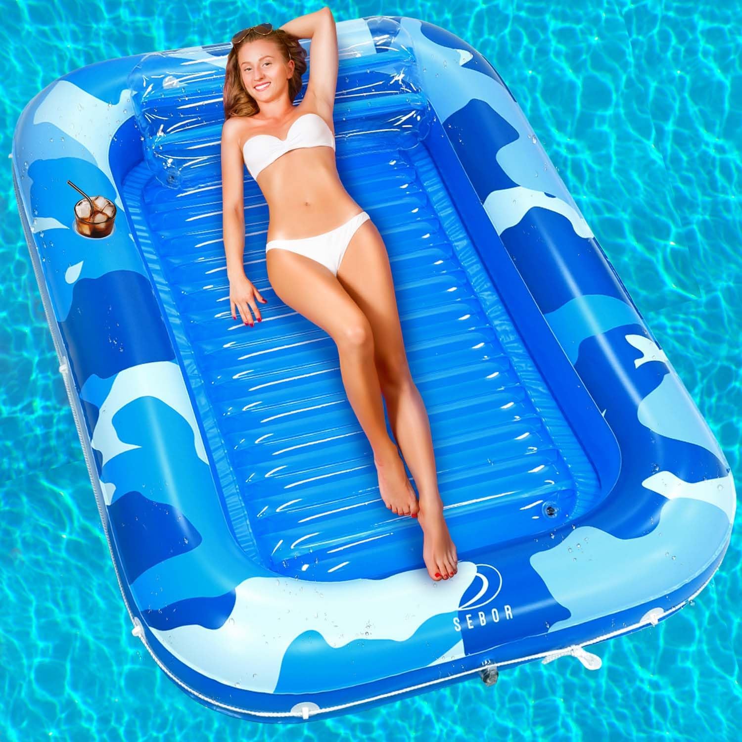 Larger Inflatable Tanning Pool Lounger Float, Heavy Duty 76 x 57 Thicken Suntan Tub Pool Floats with Removable Backrest & Cupholder, Navy Blue