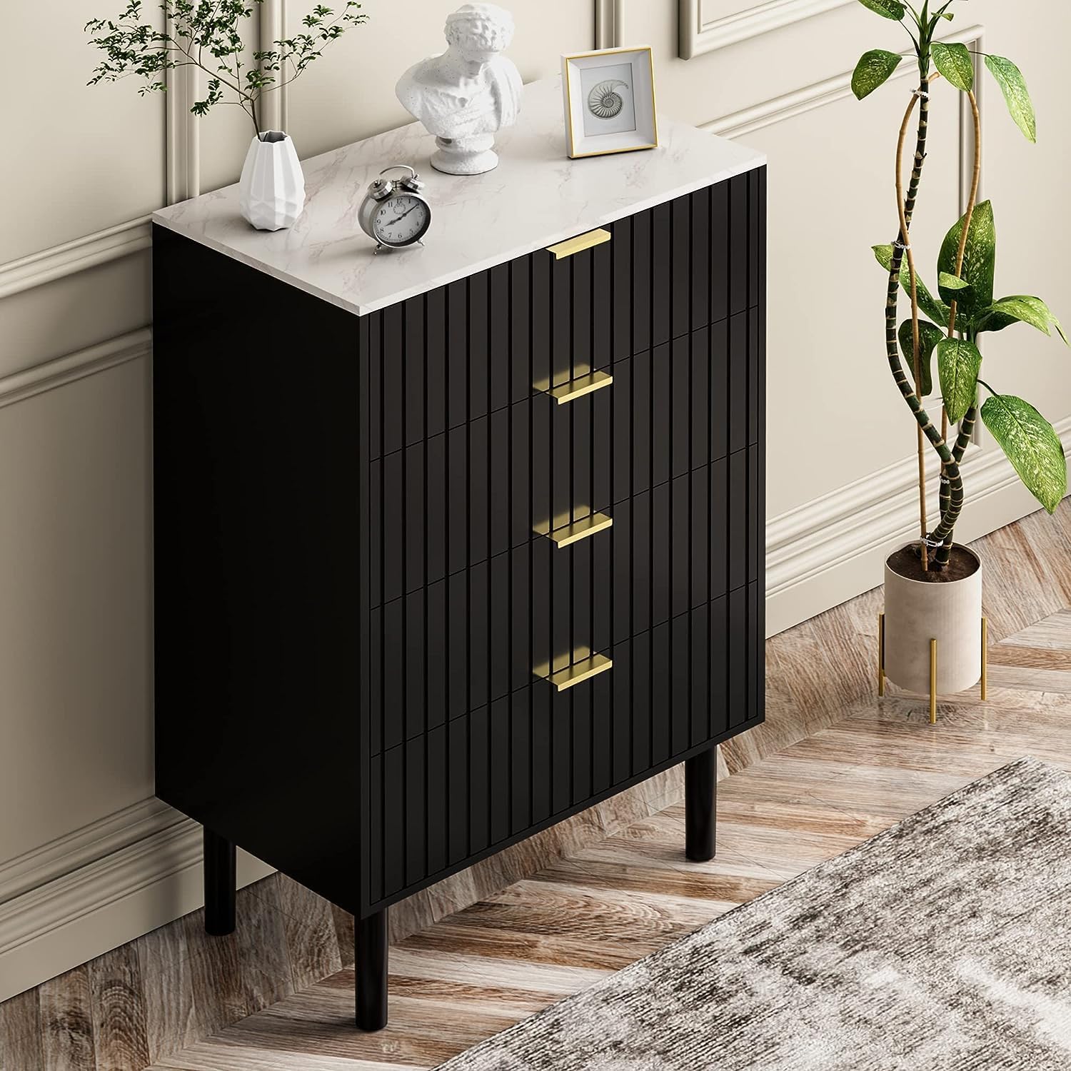 UEV 4 Drawer Dresser,Bedroom Black Dresser,Chest of Drawers with Imitation Marble Texture Top & Gold Metal Handles for Bedroom,Living Room (Black)