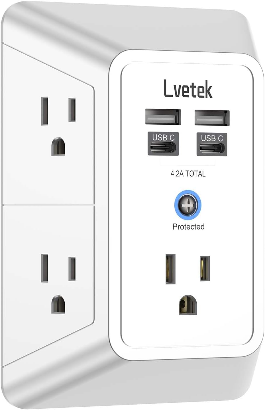 Outlet Extender, Surge Protector Outlet with 5-Multi Plug Outlet and 4 USB Ports(2 USB C), 3-Sided 1680J Power Strip Wall Charger, Multiple-Plug Outlet Splitter for Home Travel Office,ETL Listed,White